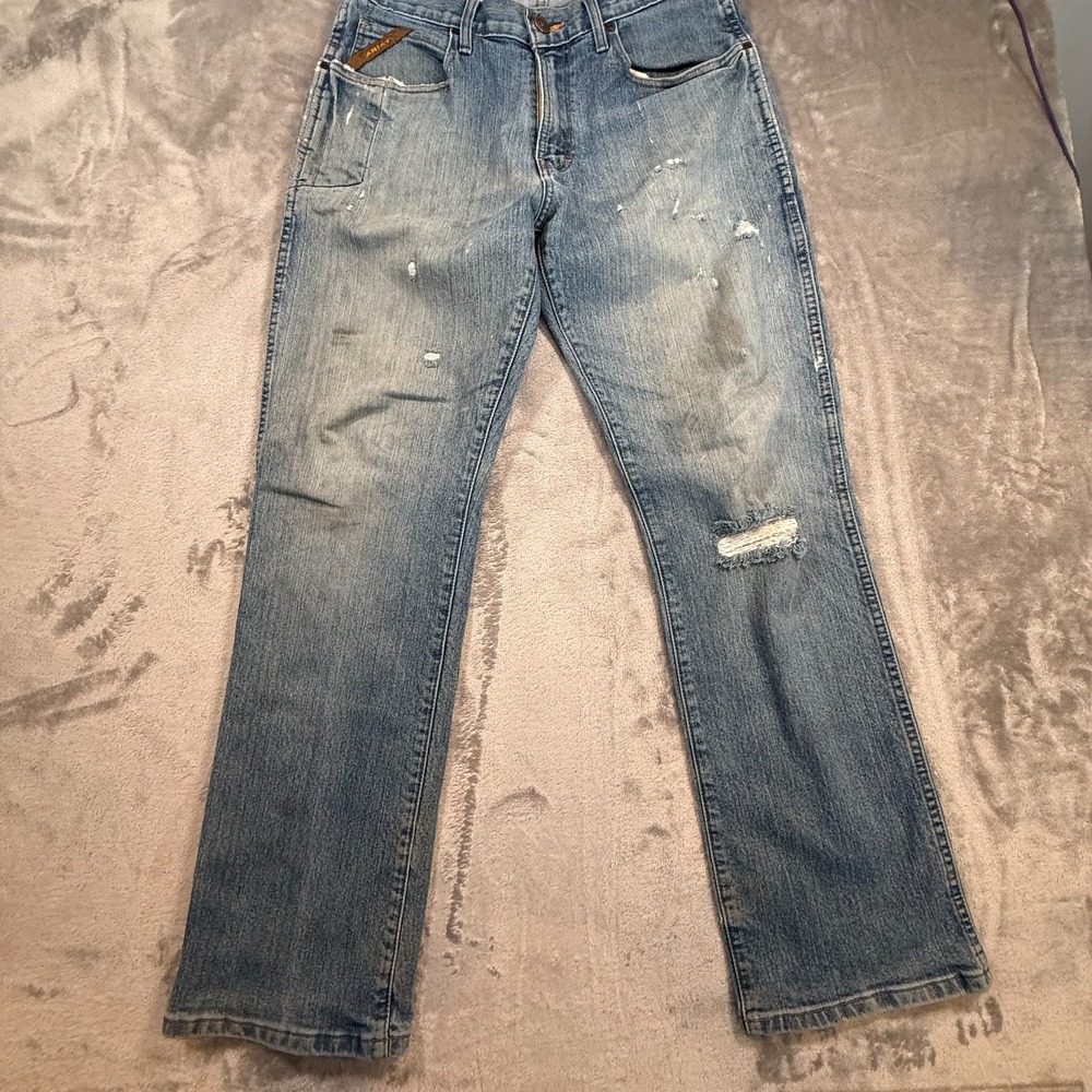 Ariat‎ Rebar M4 Low Rise Boot Cut Jeans Men's Light Wash Distressed Work Denim